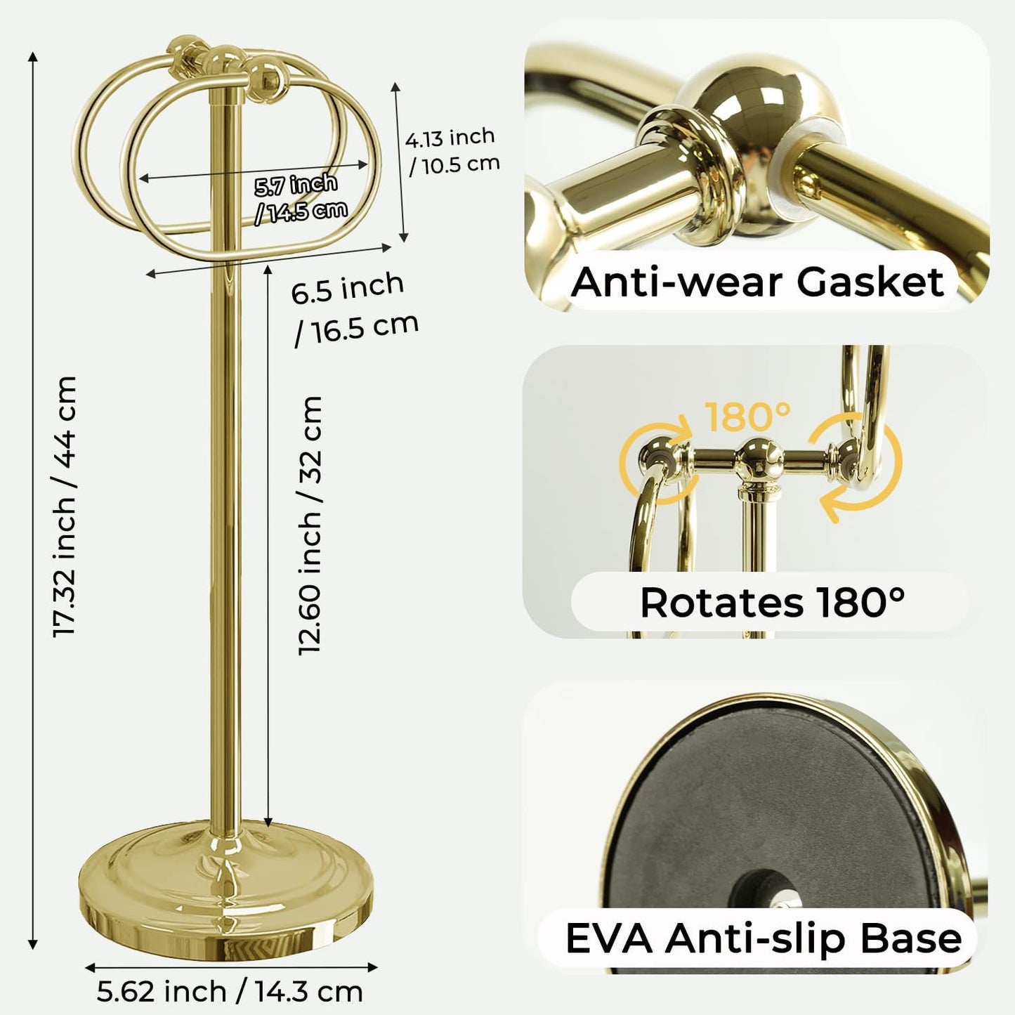 17 Inch Stainless Steel Hand Towel Holder Double Stand Hand Towel Ring for Washcloths or dishcloths Non-Slip Base Free Standing Towel Rack for Bathroom Kitchen (Gold)