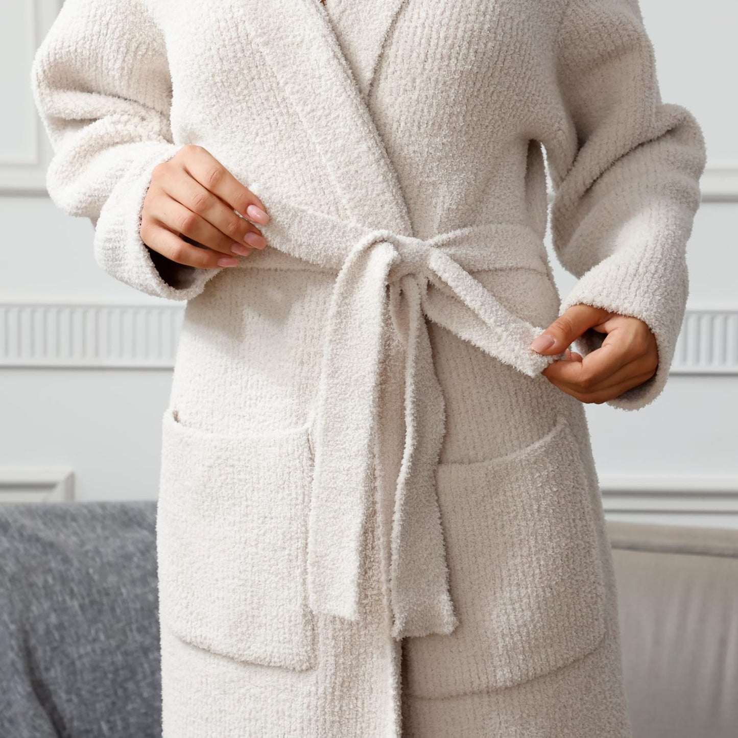 MH MYLUNE HOME Ultra Soft Robe With Pockets, Spa Bathrobe Loungewear Calf-Length, Plush Fuzzy Fluffy Wrap Robe for Women