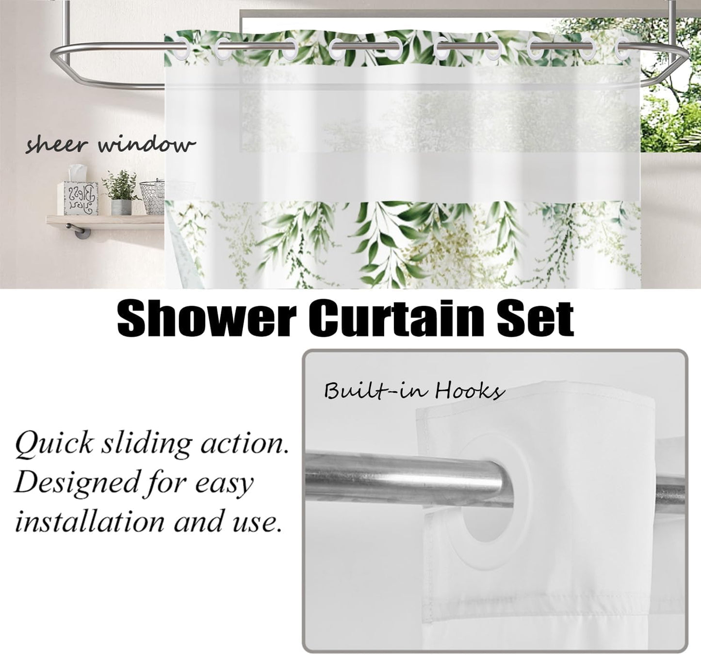 Spring Shower Curtain No Hooks with Snap-in Fabric Liner Set,Green Leaf Mushroom Butterfly Shower Curtain for Bathroom,Hotel Decor Waterproof Shower Curtains,with See Through Top Window,71W x 74H