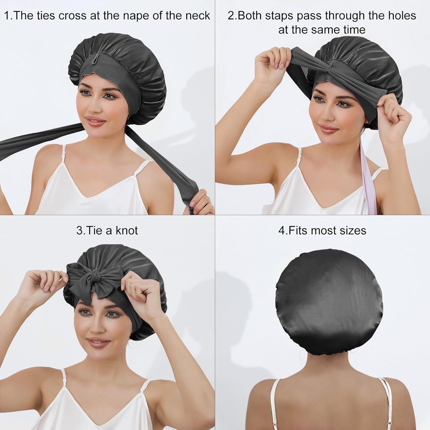 ZIMASILK 100% Mulberry Silk Bonnet for Sleeping Women Long Hair Double Layer Silk Hair Wrap with Tie Band Stay On Head (1Pc, Dark Grey)