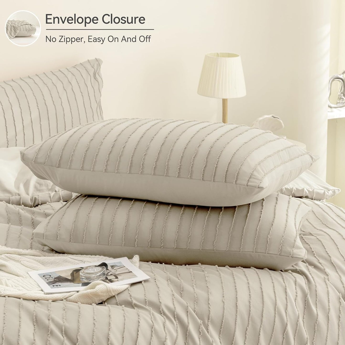 JELLYMONI Duvet Cover California King Size Light Khaki - 3PCS Boho Striped Duvet Cover Set Polyester Tufted Bohemian Textured Comforter Cover 104×98in with Corner Ties & Zipper and 2 Pillowcases