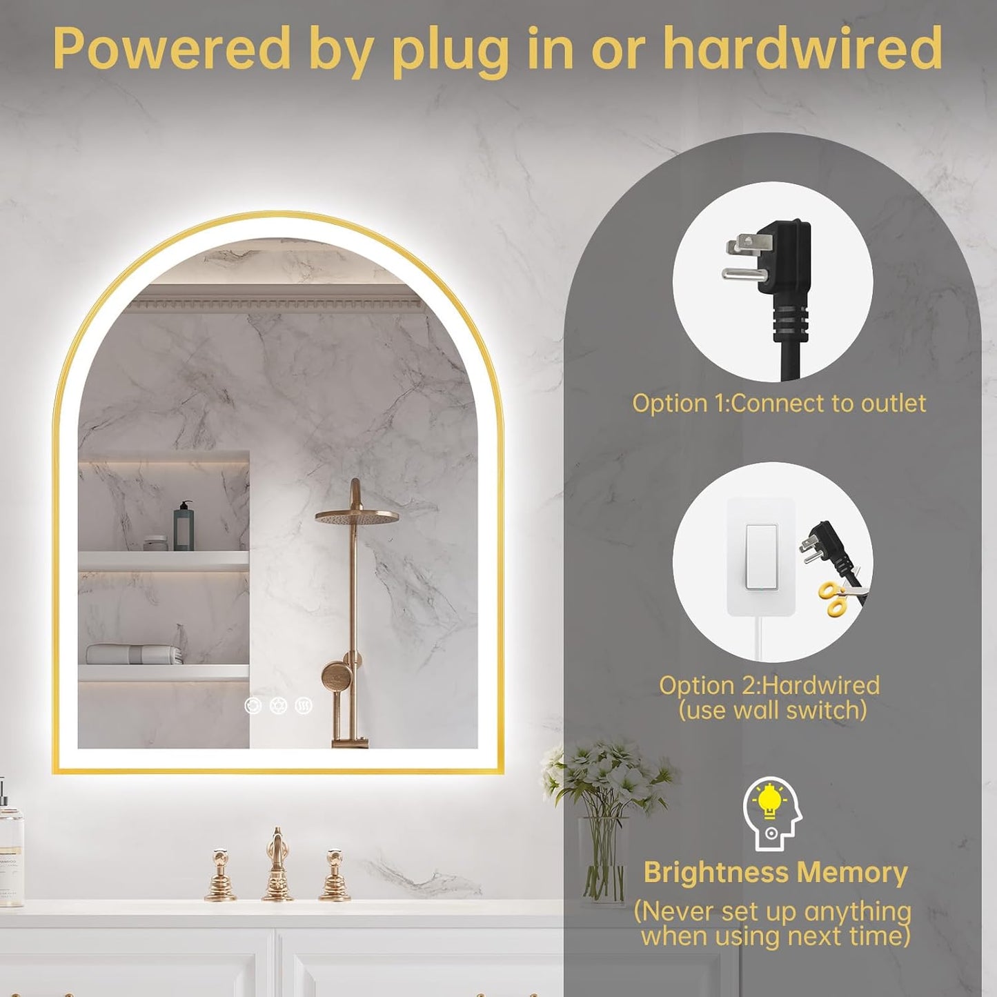 Arched LED Mirror for Bathroom 24"x30", Brushed Gold Lighted Bathroom Mirror with Lights, Fogless, Dimmable, Shatterproof, Touch Sensor, 3 Color Changing