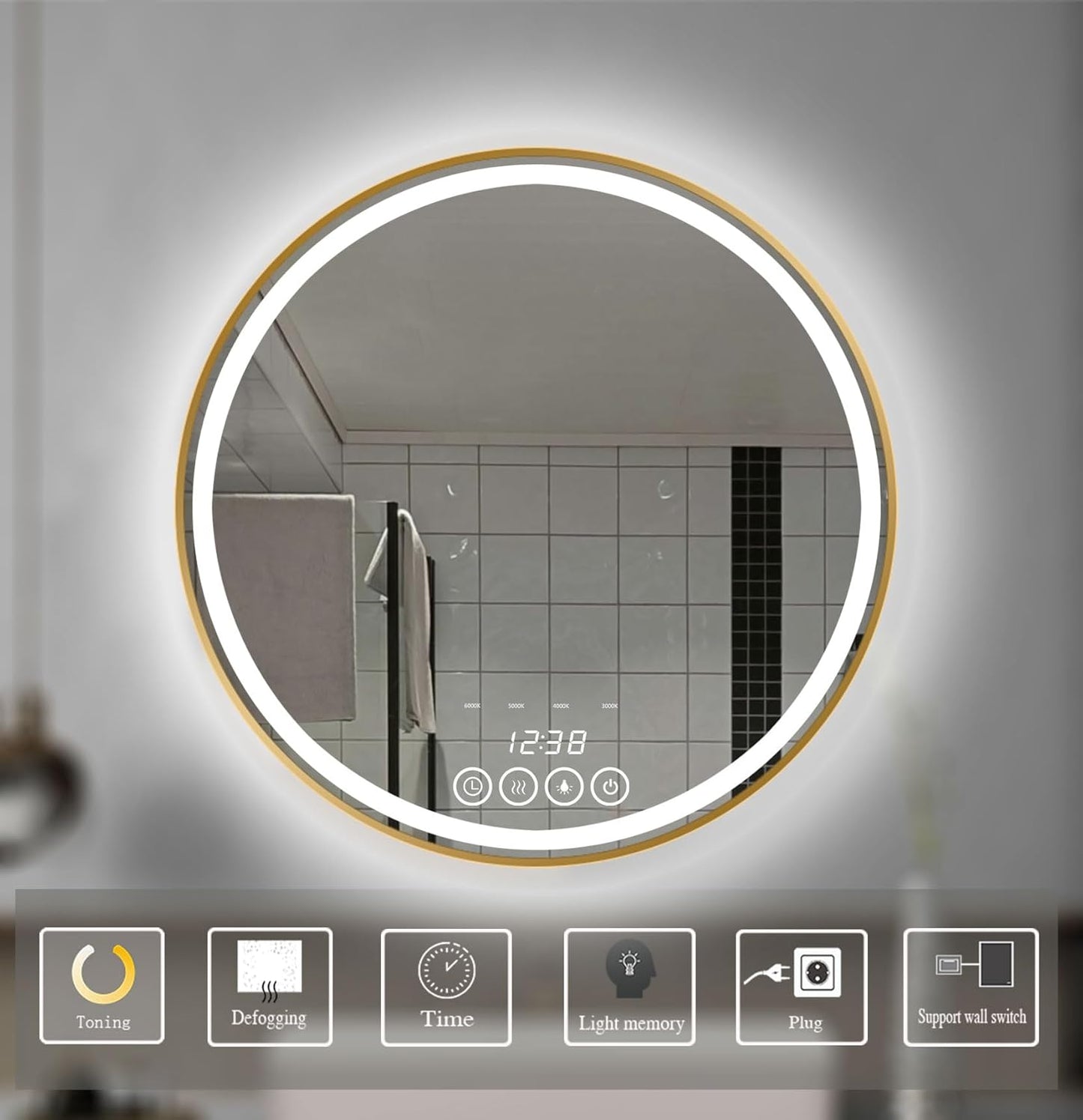 32 Inch Wall-Mounted Round Bathroom Mirror with LED-Lights - Frame Vanity Mirrors with Dimmable (32" x 32", Gold)