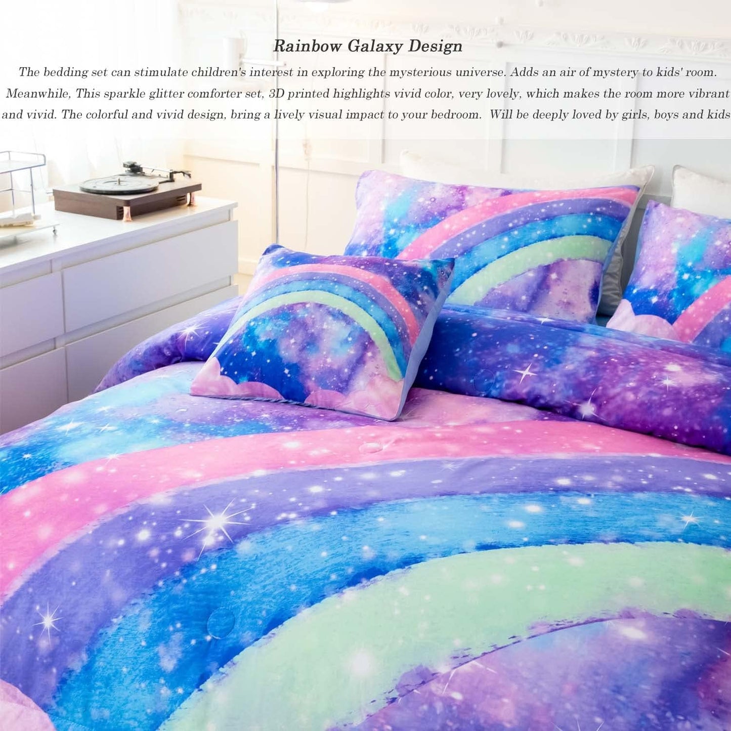 ANGIYUIN Tie Dye Blue Rainbow Comforter Set Queen Size 6 Pieces Gradient Glitter Girls Bed in A Bag Twinkle Nebula Comforter Bedding Set for All Season