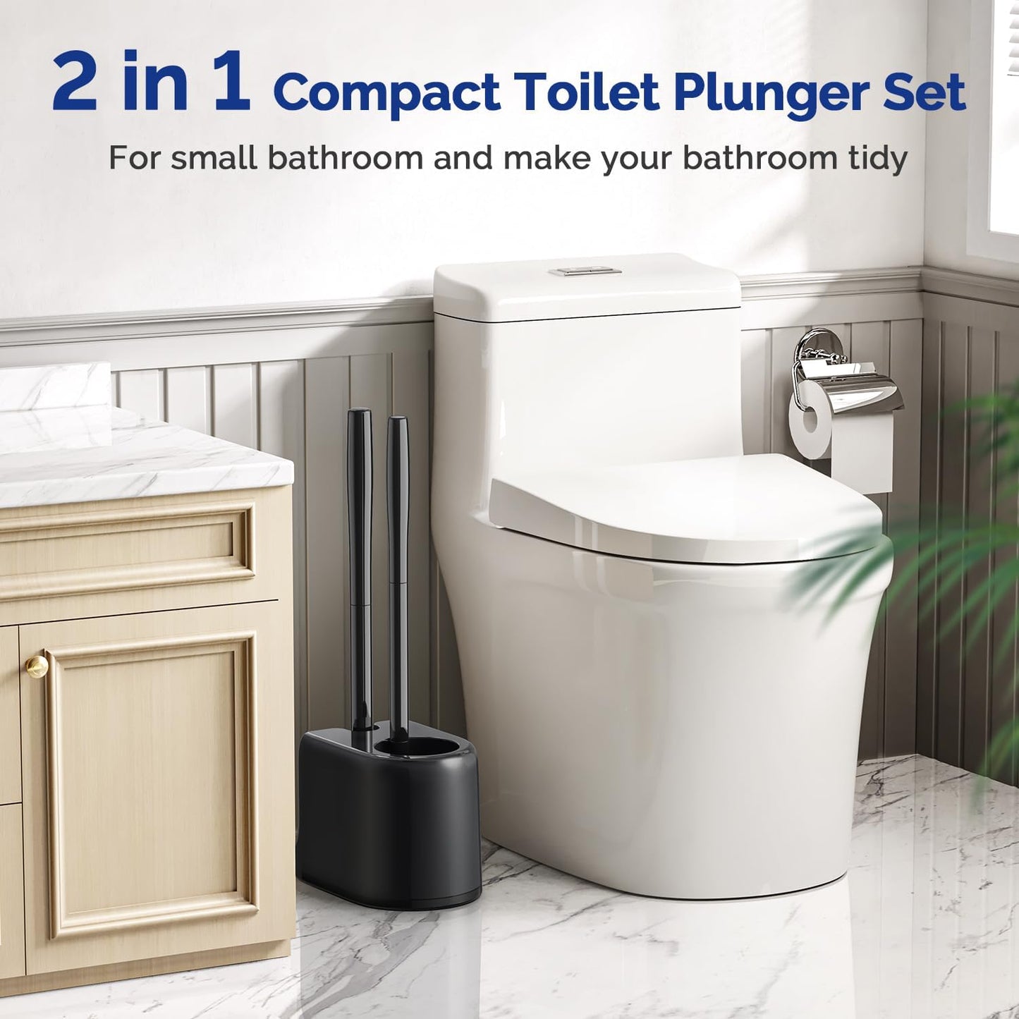 HAMITOR Toilet Plunger Bowl Brush Combo:Heavy Duty Rubber for Drain Clog Remover - Curved Design Bristles for Deep Cleaning Under Rim - Compact Bathroom Cleaning Tools for New Homet Essentials - Black