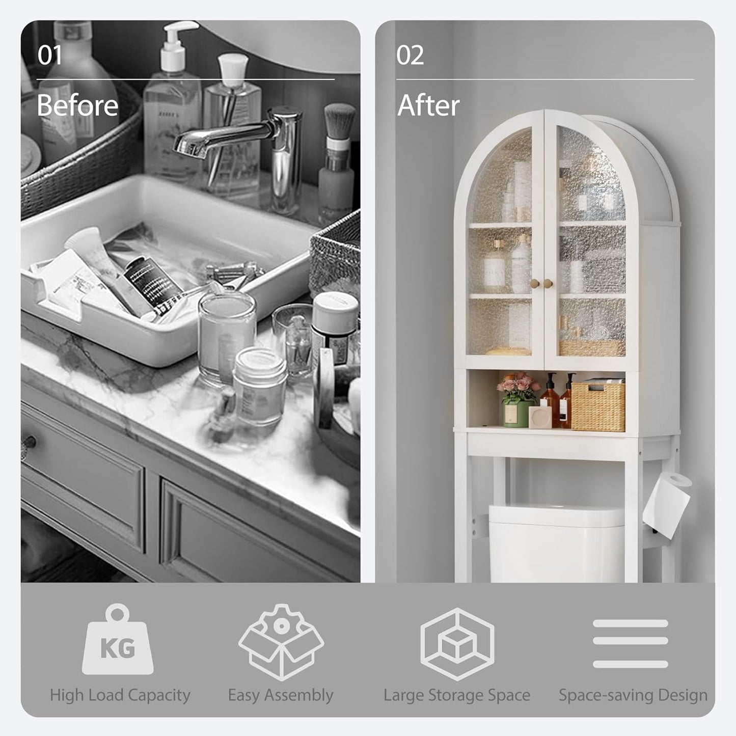 Over The Toilet Storage Cabinet, 23.7”W Modern Storage Cabinet Over Toilet with Acrylic Doors, Arched Freestanding Over Toilet Rack with Adjustable Shelf for Bathroom, Antique White