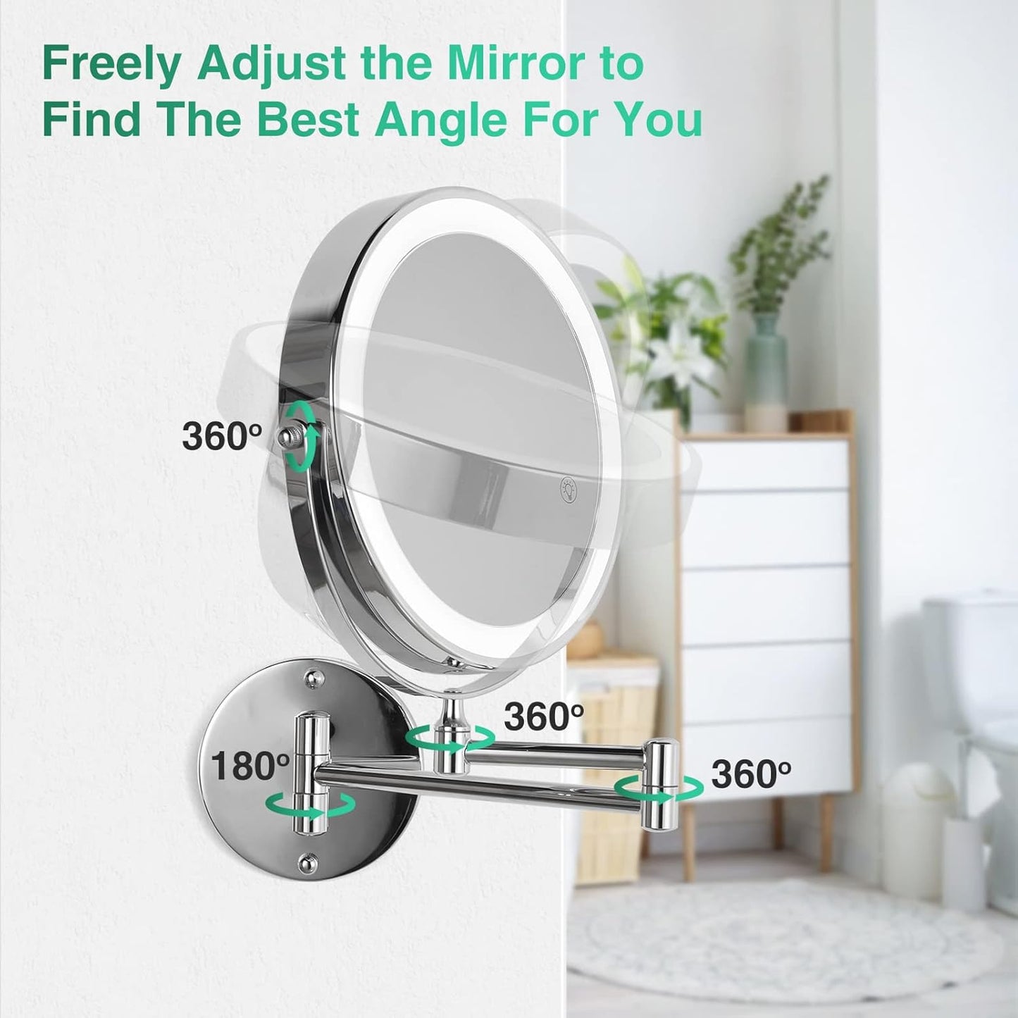 8.5 Inch Rechargeable Wall Mounted Lighted Makeup Mirror, Double-Sided 1X/10X LED Magnifying Vanity Mirror with Lights, 3 Color Lights Touch Screen Dimmable 360°Swivel 18 Inch Extendable - Chrome