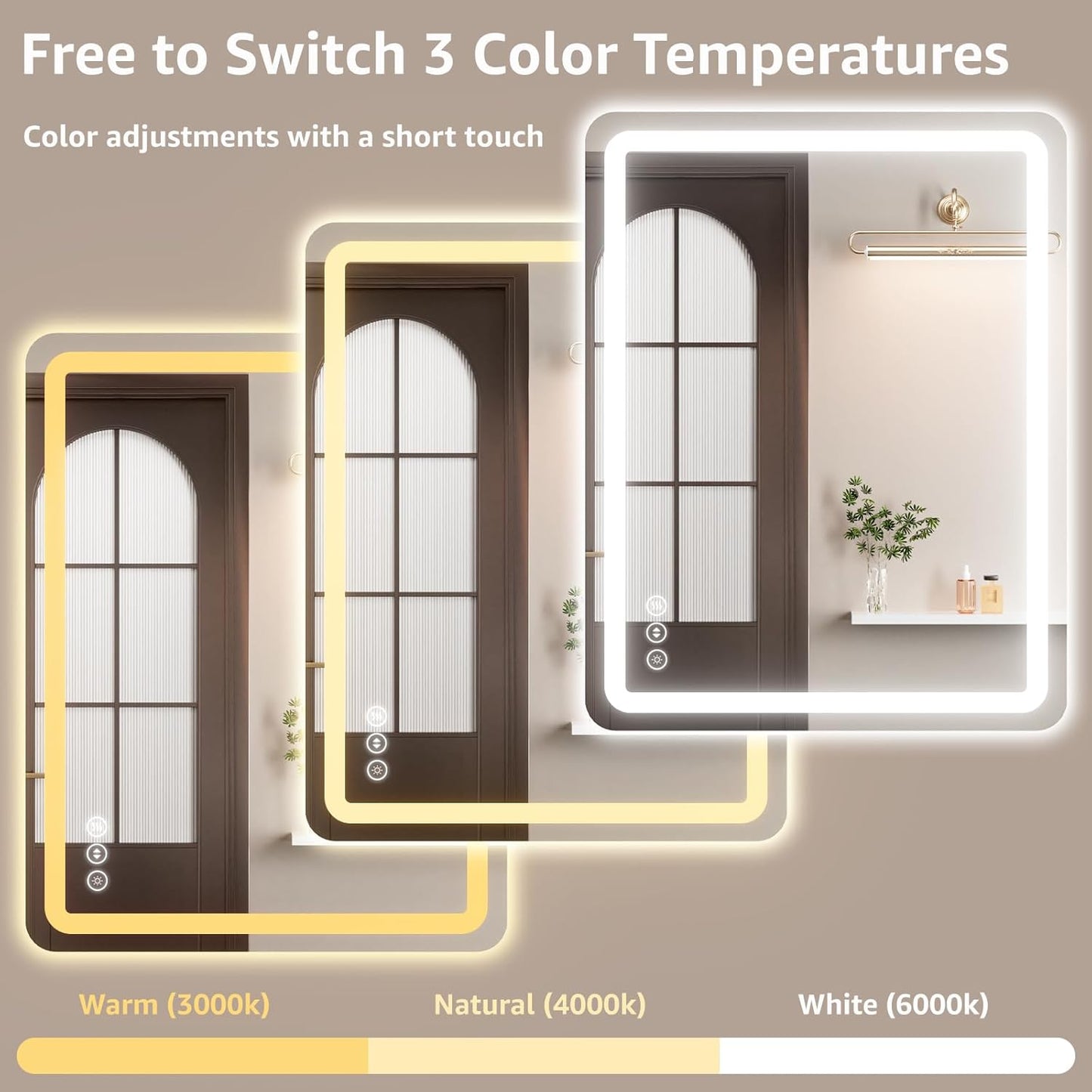 55" x 30" Led Bathroom Mirror with Lights, Anti-Fog & Tri-Color Lighting - Wall Mounted Shaving Mirror with Touch Sensor, Waterproof & Smart LED Vanity Mirror,Tempered Glass, Dimmable Smart Mirror