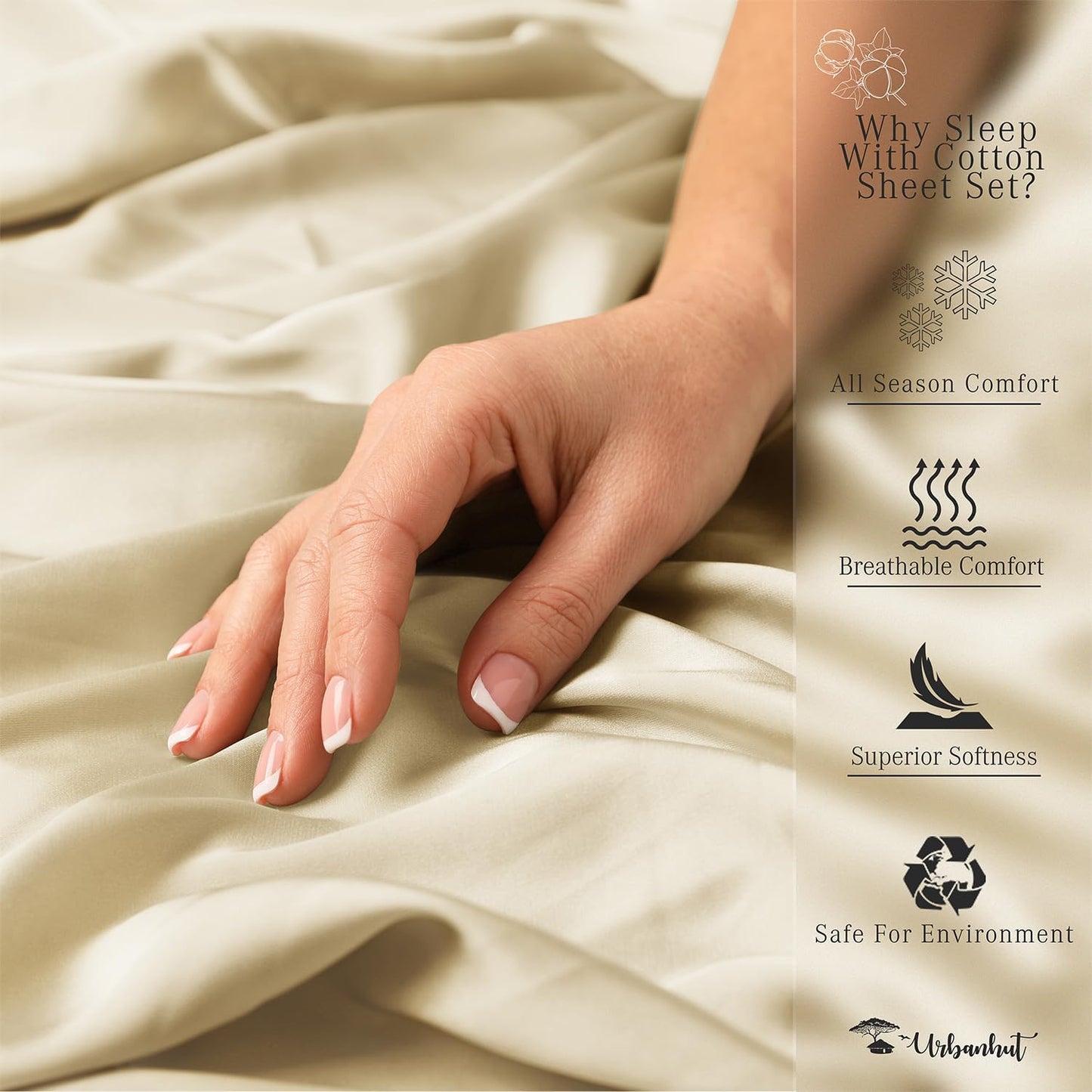 URBANHUT 1000 Thread Count King Size Egyptian Cotton Sheets, Long Staple Soft & Breathable for King Size Bedding, 4 Pc Bed Sheet Sets, Luxury Hotel Sateen Sheets Fits 16" Deep Pocket - Sand