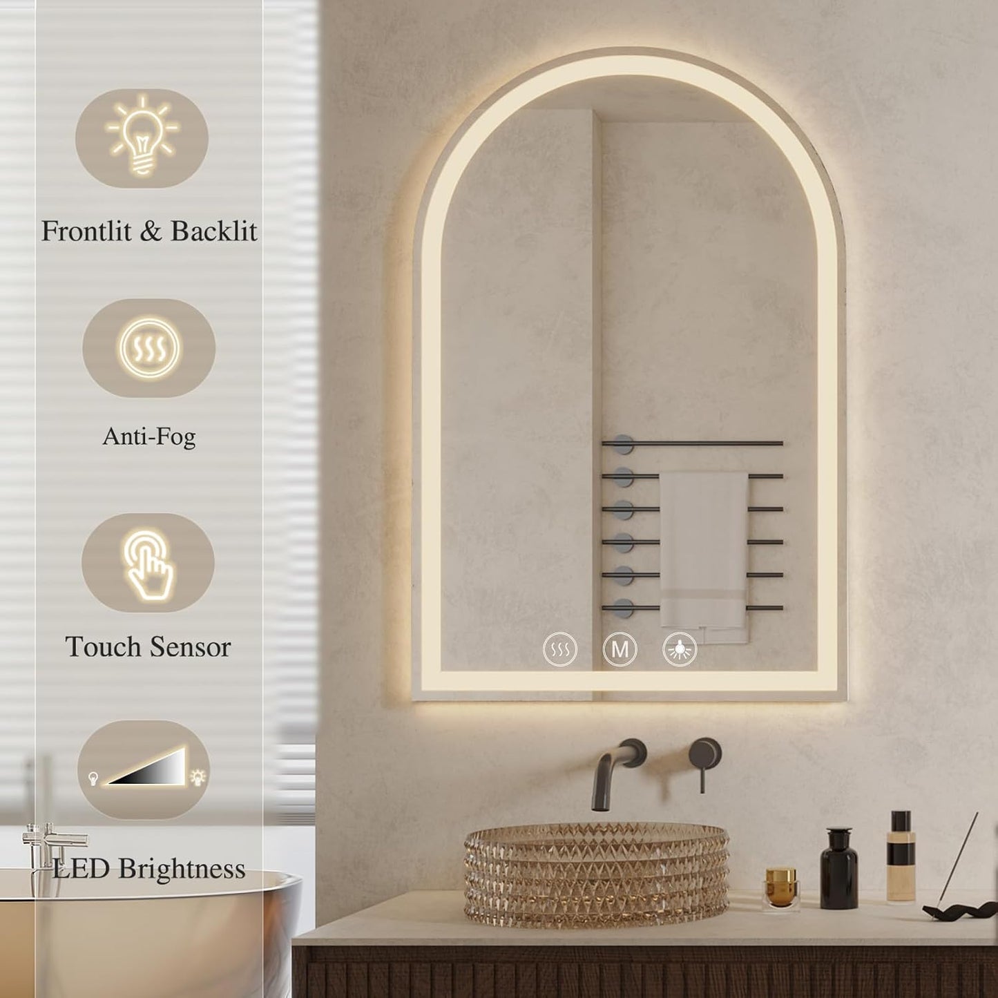 LED Bathroom Mirrors with Lights 32"x48" Arched Mirror for Wall,led Vanity Mirror, Anti-Fog,LED Mirrors with Front Light and Backlit, Anti-Fog, Dimmable, 3 Color, Shatterproof, Touch Sensor