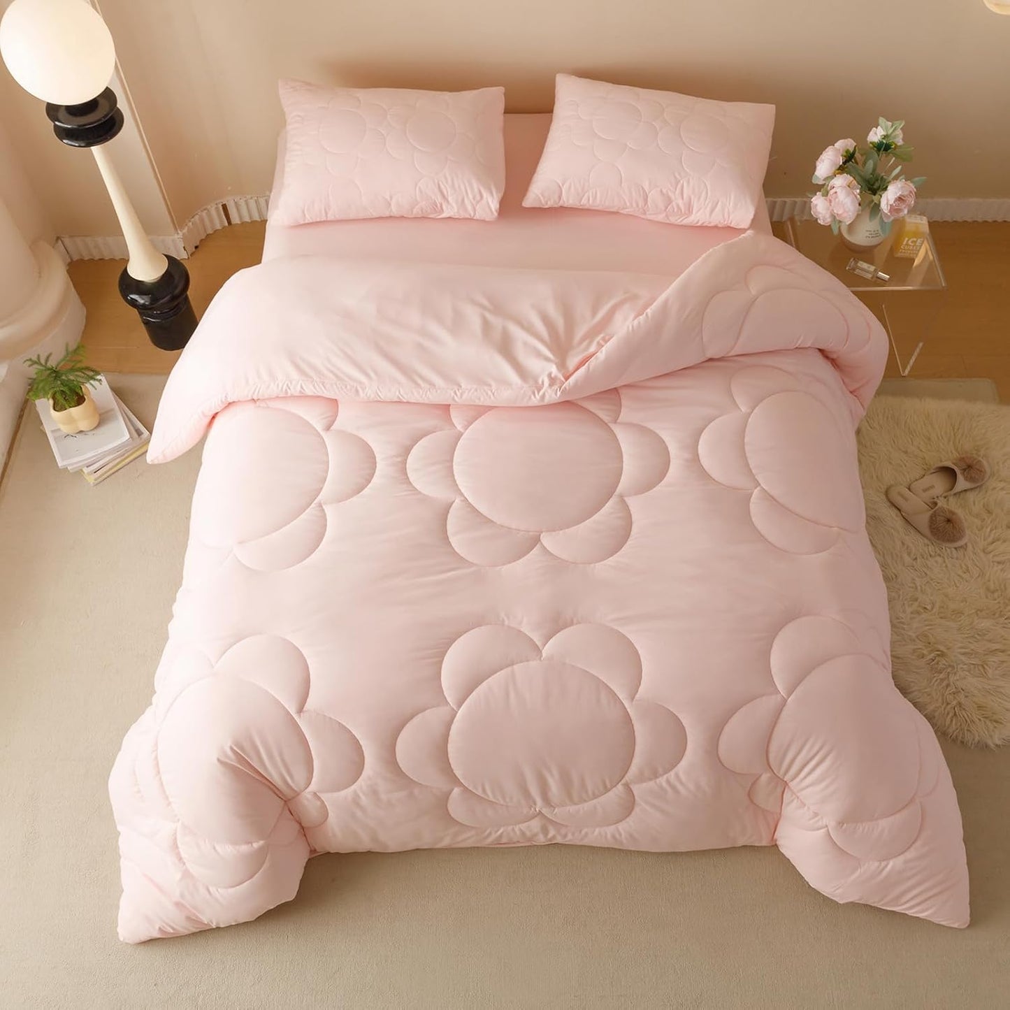 KAREVER Pink Flower Comforter Twin Pink Sunflower Print Bed Twin Comforter Set 3 Pieces Dark Pink Floral Comforter Set for Boys Girls Teens Bedroom Decor All Season Hotel Quality Comforter Set