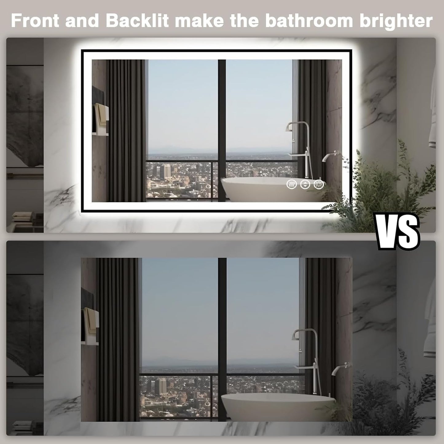 48x30 LED Bathroom Mirror - Black Aluminum Framed, Anti-Fog Lighted Vanity Mirror, Stepless Dimmable, 3 Colors Smart Mirror