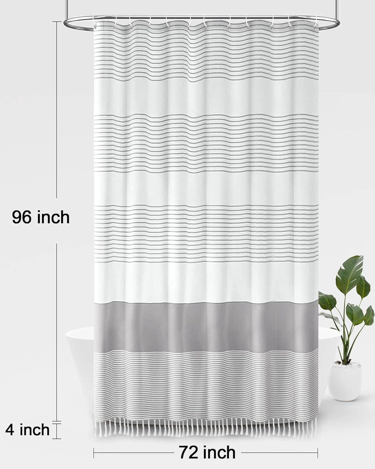 Awellife Boho Gray Shower Curtain for Bathroom Extra Long Stripe Tassel Shower Curtain 72 X 96 Inches