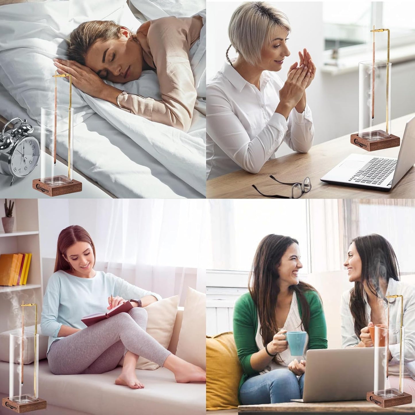 Ceremony Incense Holder๏ผ2 Pack Wood Incense Holder for Sticks with Glass Ash Catcher๏ผIncense Burner for Meditation Yoga Spa Room Decor