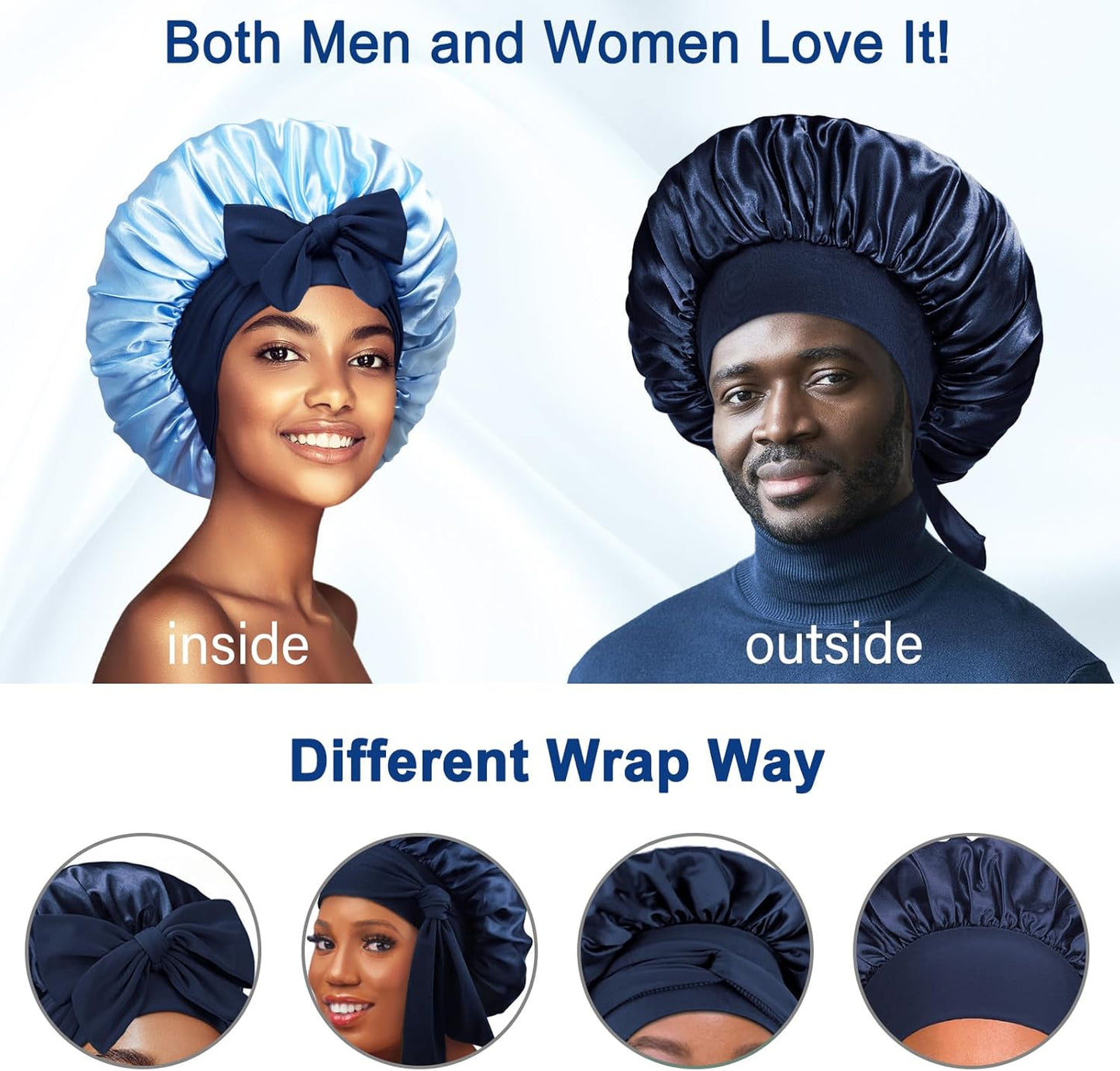 Double Layered Silk Satin Bonnet with Tie for Sleeping Black Women, Wide Band Large Hair Wrap Sleep Cap for Curly Hair Braid