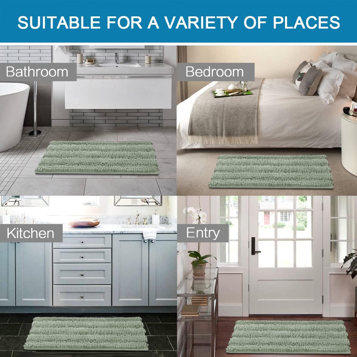 H.VERSAILTEX Bath Mats for Bathroom Non Slip Extra Thick Chenille Striped Bath Rug 24" x 36" Absorbent Non Skid Fluffy Soft Shaggy Rugs Washable Dry Fast Plush Mats for Indoor, Bath Room, Tub - Sage