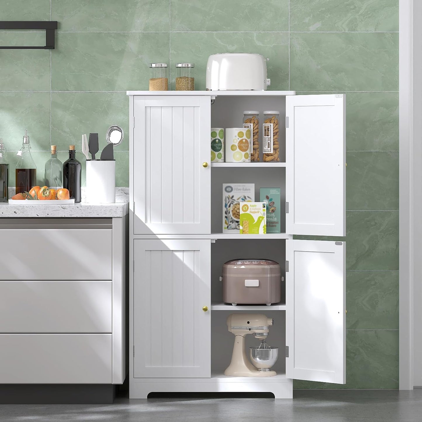 Bathroom Floor Storage Cabinet, 44.5" Freestanding Bathroom Cabinet with 4 Doors and Adjustable Shelves Modern Cupboard for Entryway, Living Room, Kitchen (White)