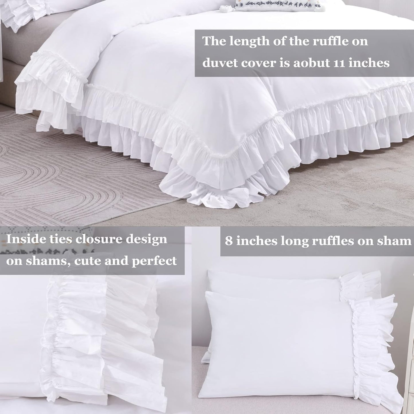 QSH Ruffle White Duvet Cover California King Size- Washed Cotton Shabby Farmhouse Chic Ruffled Bedding 3pcs(1 Soft Cotton Duvet Cover +2 Ruffle Pillowshams) Aesthetic French Country Calking Bed