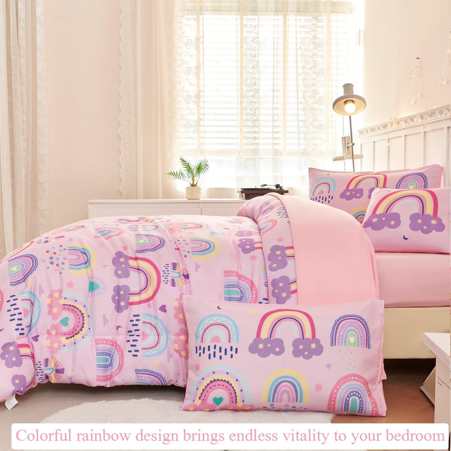 ANGIYUIN Colorful Rainbow Twin Size Comforter Set for Girls Cartoon Clouds Love Hearts Bedding Set with Sheets 6Pcs Kids Bed in A Bag, Pink, Twin
