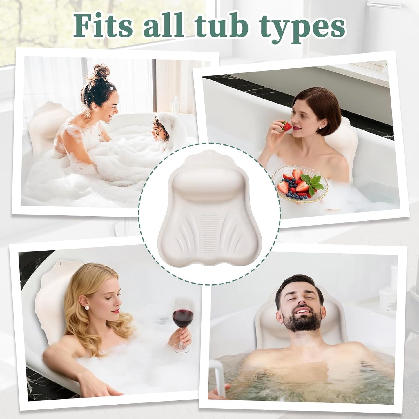 Silicone Bath Pillow for Tub Adults, 4D Air-Cushion Bathtub Pillow for Head Neck and Back Support, Non-Slip Suction Cups, Quick-Drying Waterproof Spa Pillow, Easy to Clean & Store