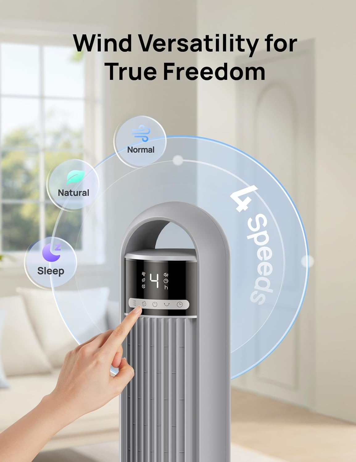 Dreo Tower Fan for Bedroom, 4 Speeds, 3 Modes Standing Fans for Room with 90° wide Oscillating, 28dB Quiet for Sleep, 25ft/s Velocity, 29ft Coverage, 8H Timer, Remote, Living Room, Office, Home, Grey
