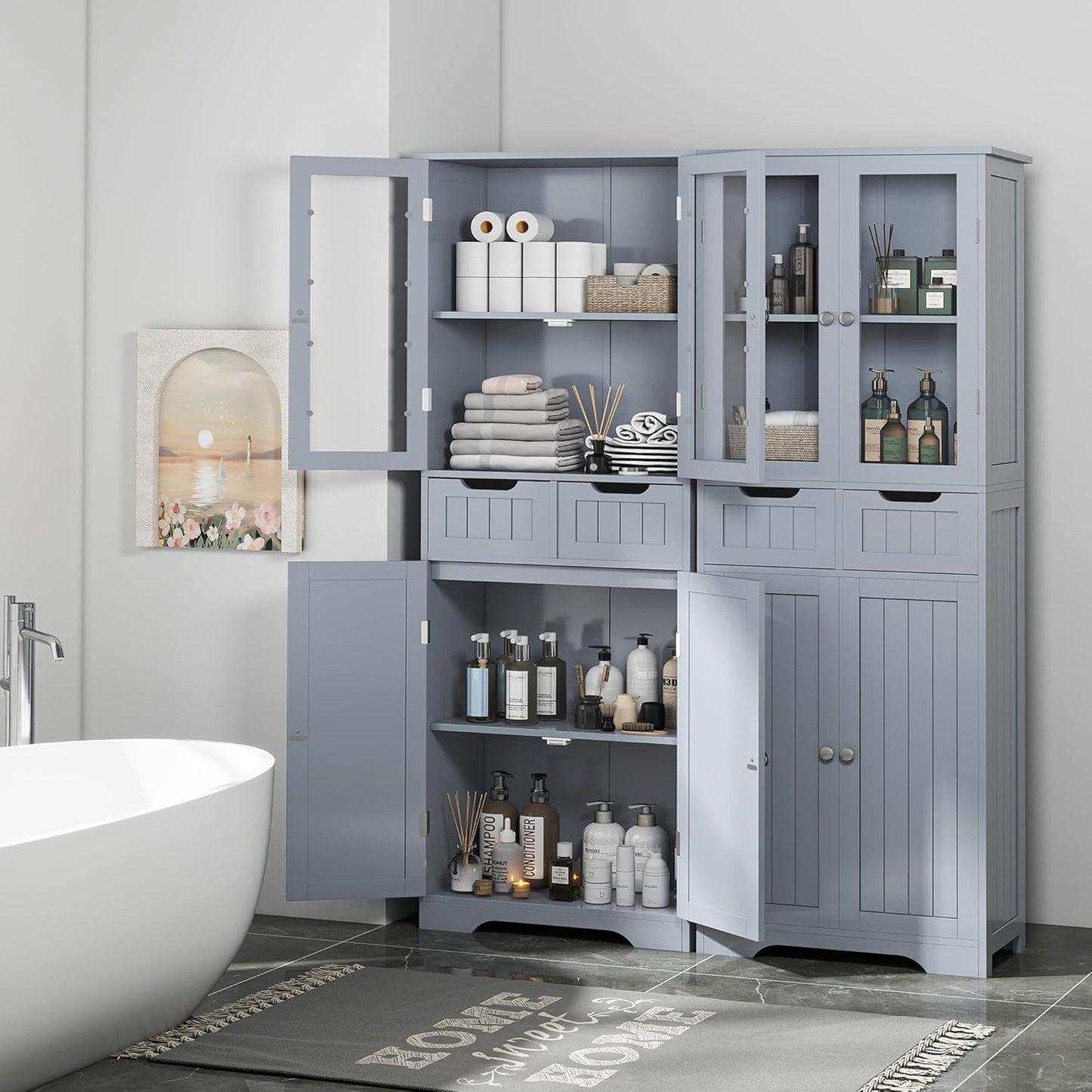 TOLEAD 67" Tall White Bathroom Cabinet Storage Cabinet, Freestanding Storage Cabinet with Glass Door and Adjustable Shelves, Bathroom Cabinet for Living Room, Kitchen, Dining, (Grey)
