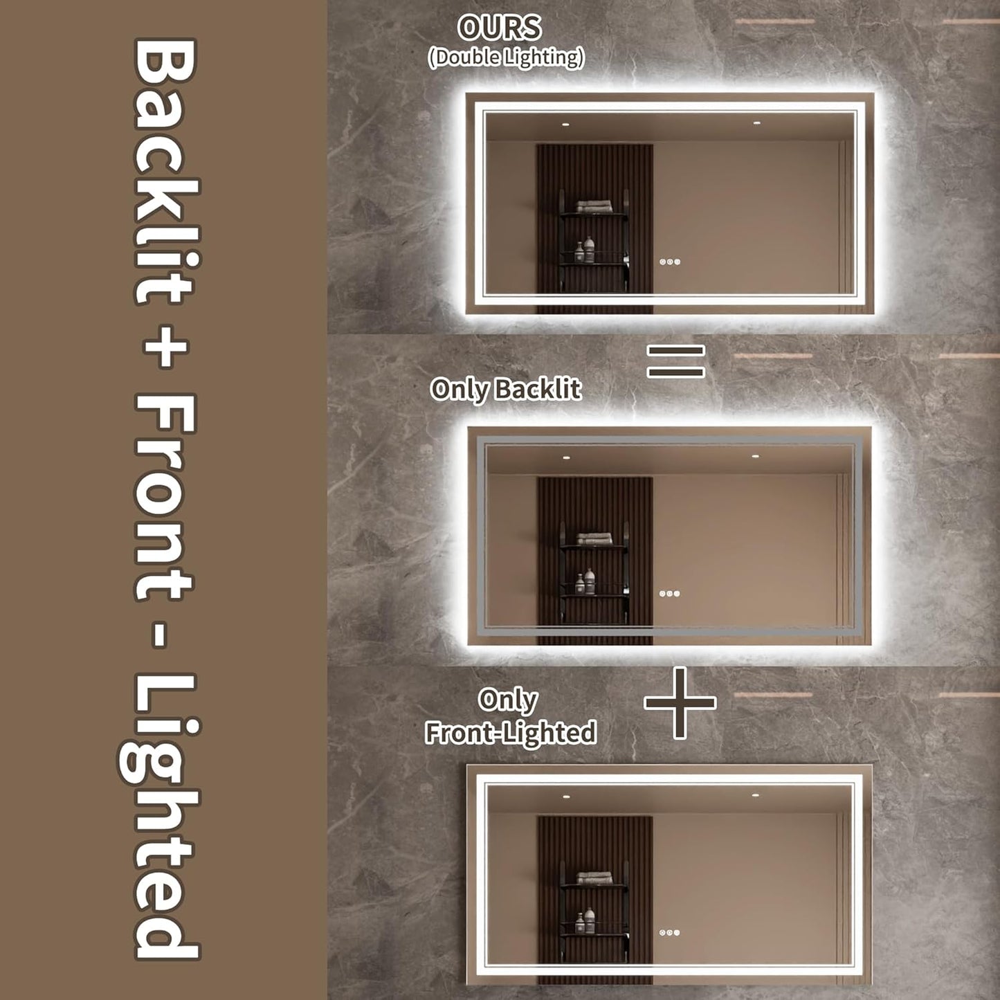 Bathroom Mirror with Lights 30"X55" with Front Light and Backlit, Tempered Glass, Wall Mount Horizontal/Vertical, Stepless Dimmable, 3 Colors, Anti Fog, Bathroom Memory LED Mirror