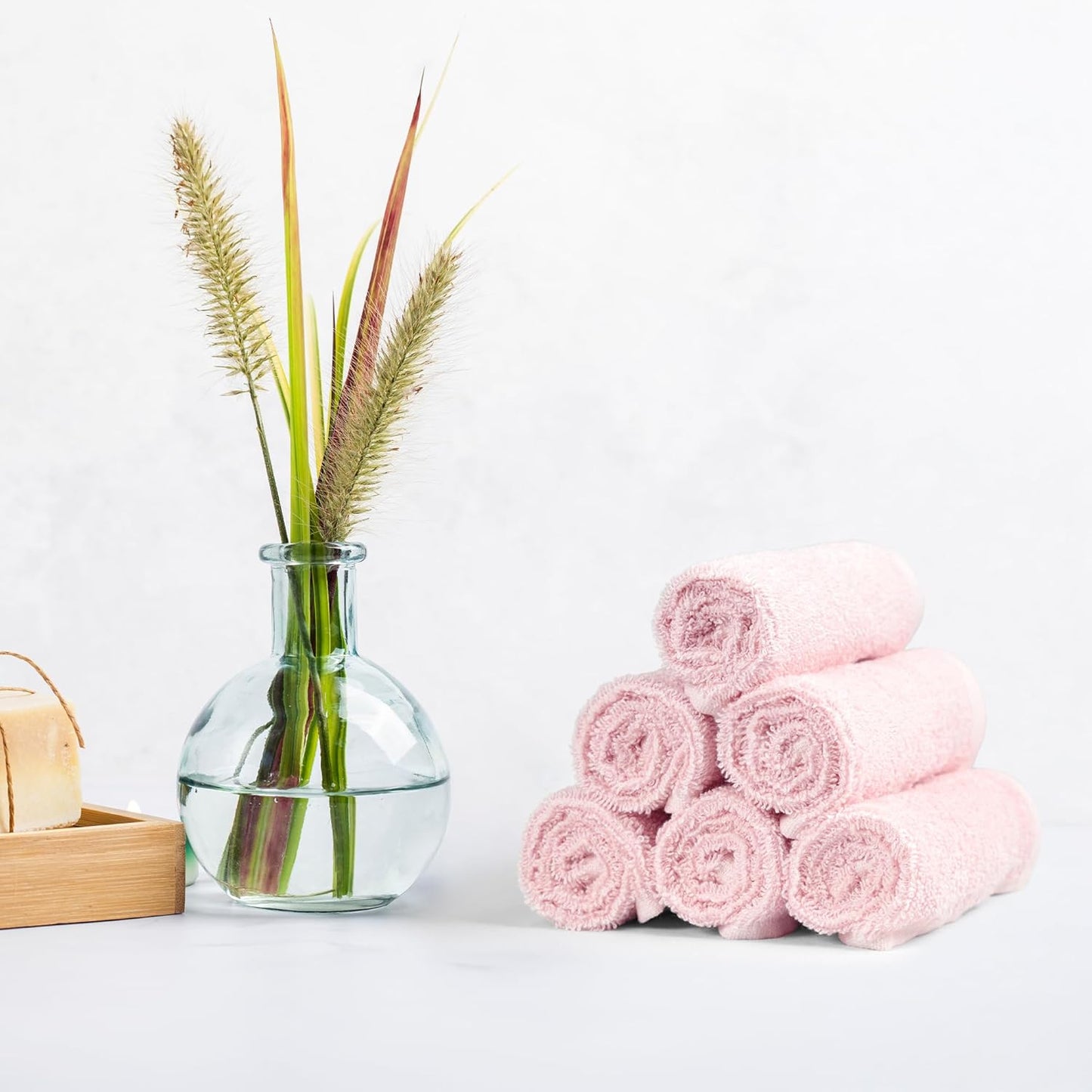 Amazon Basics washcloth for bathroom, 100% Cotton Extra Absorbent , Fast Drying - salon towels - 24-Pack, Petal Pink, Lavender, White, 12 x 12 in