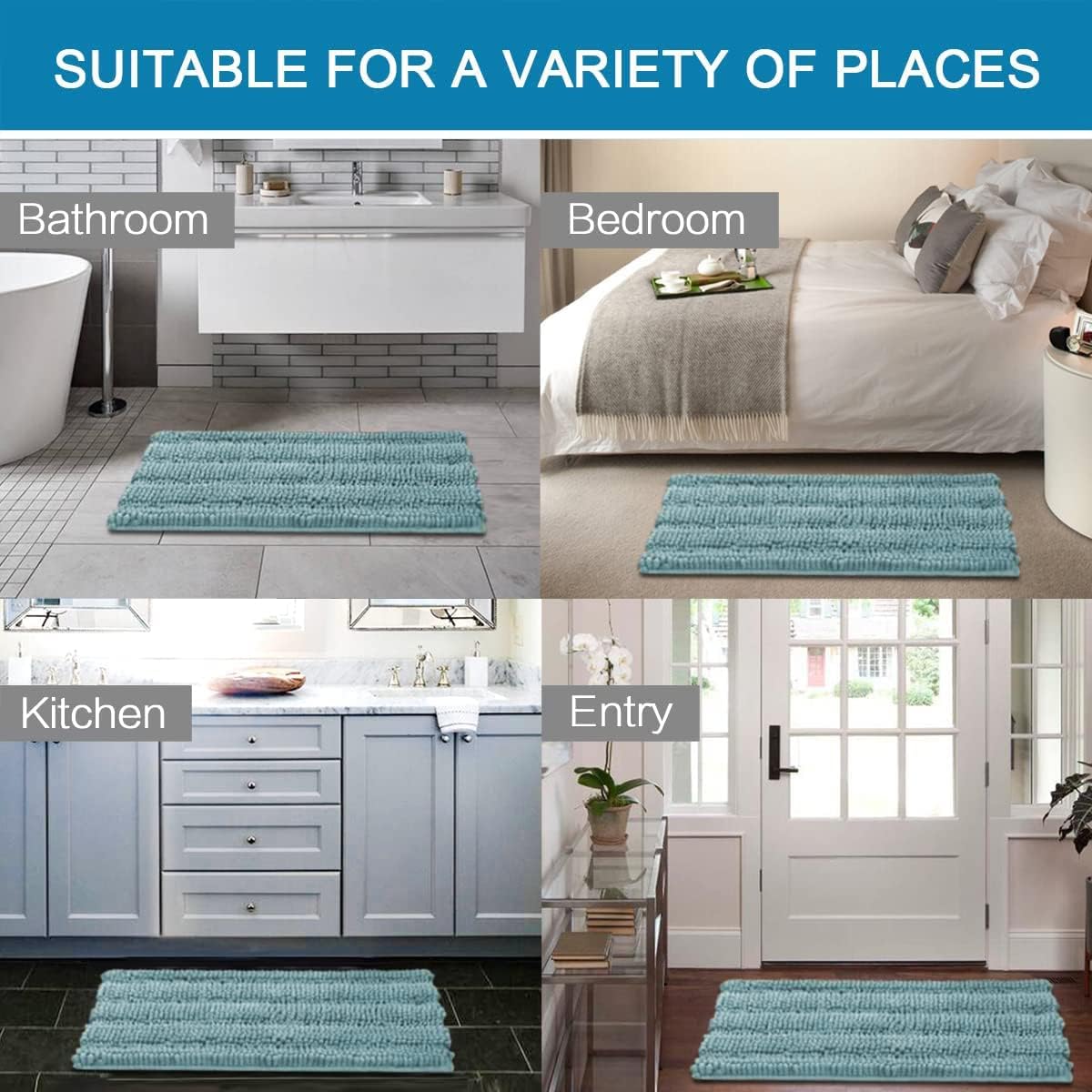 H.VERSAILTEX Bathroom Rugs Bath Rugs for Bathroom Non Slip Bath Mats Extra Thick Chenille Striped Rug 17" x 24" Absorbent Soft Shaggy Washable Dry Fast Bath Mats for Bath Room Floor - Aqua Haze