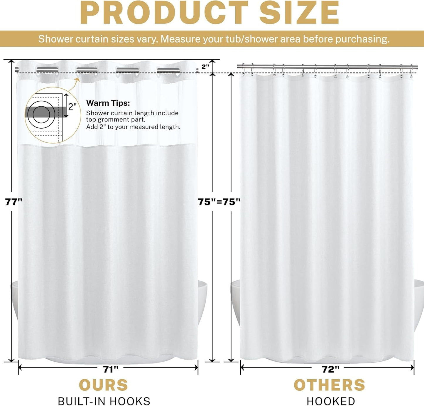 No Hook Shower Curtain with Snap in Liner, Polyester Textured Shower Curtain with Liner Set, Waterproof Washable Hotel Style Shower Curtains for Bathroom, 71Wx77H, White