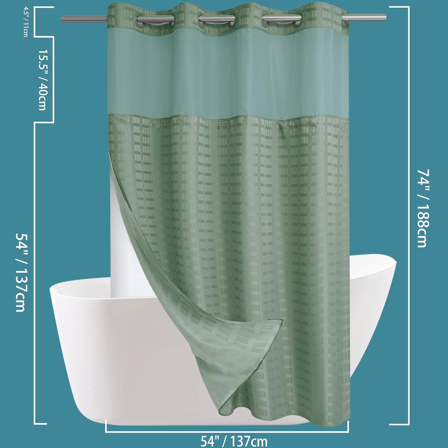 Conbo Mio Stall No Hook Sage Green Shower Curtain with Snap in Liner Set, Hotel Luxury Shower Curtains for Bathroom with See Through Top Window, Waterproof, Washable 54W x 74H