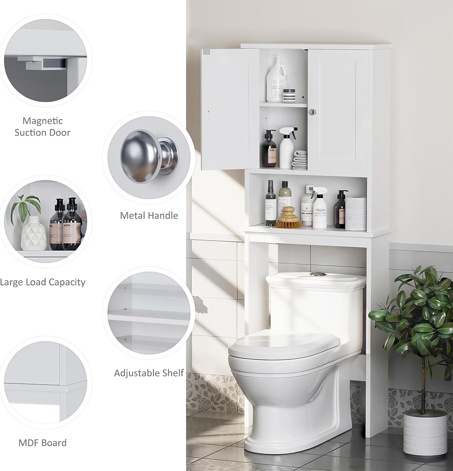 Meilocar Over The Toilet Storage Cabinet, Bathroom Storage Cabinet Over Toilet, Space Saver W/Adjustable Shelf & Open Shelf, White