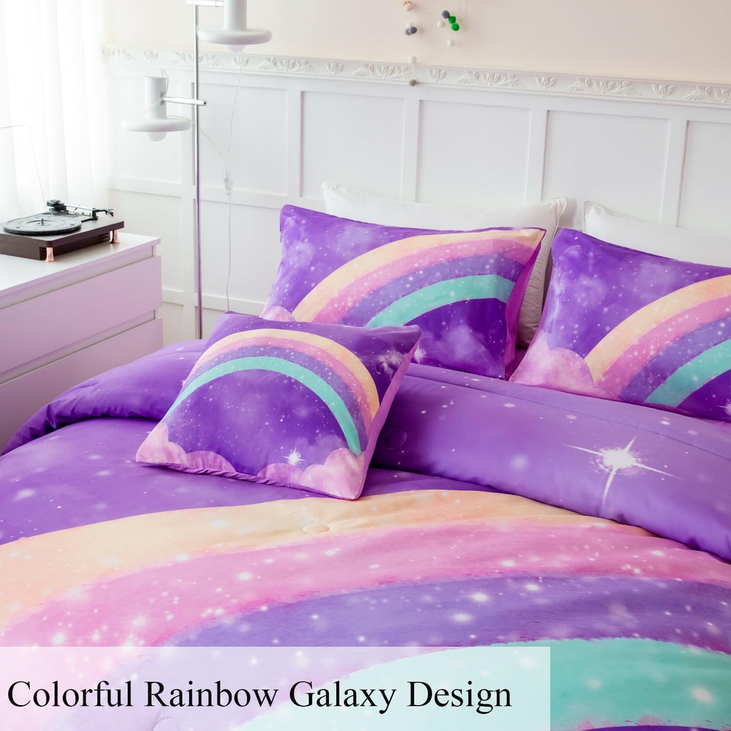ANGIYUIN Deep Purple Rainbow Kids Comforter Set Twin 6 Pieces Gradient Glitter Bedding for Girls 3D Galaxy Nebula Bed Set with Sheets for All Season