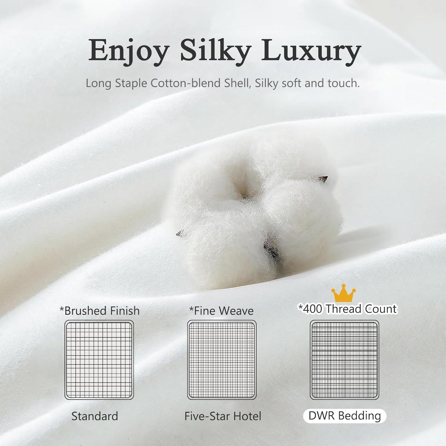 DWR Superior Luxury Feather Down Comforter California King Size, Ultra-Soft Rose-Silk Cotton-Blend Fabric, High FP All Season Medium Warmth Bed Duvet Insert(104"x96", White)