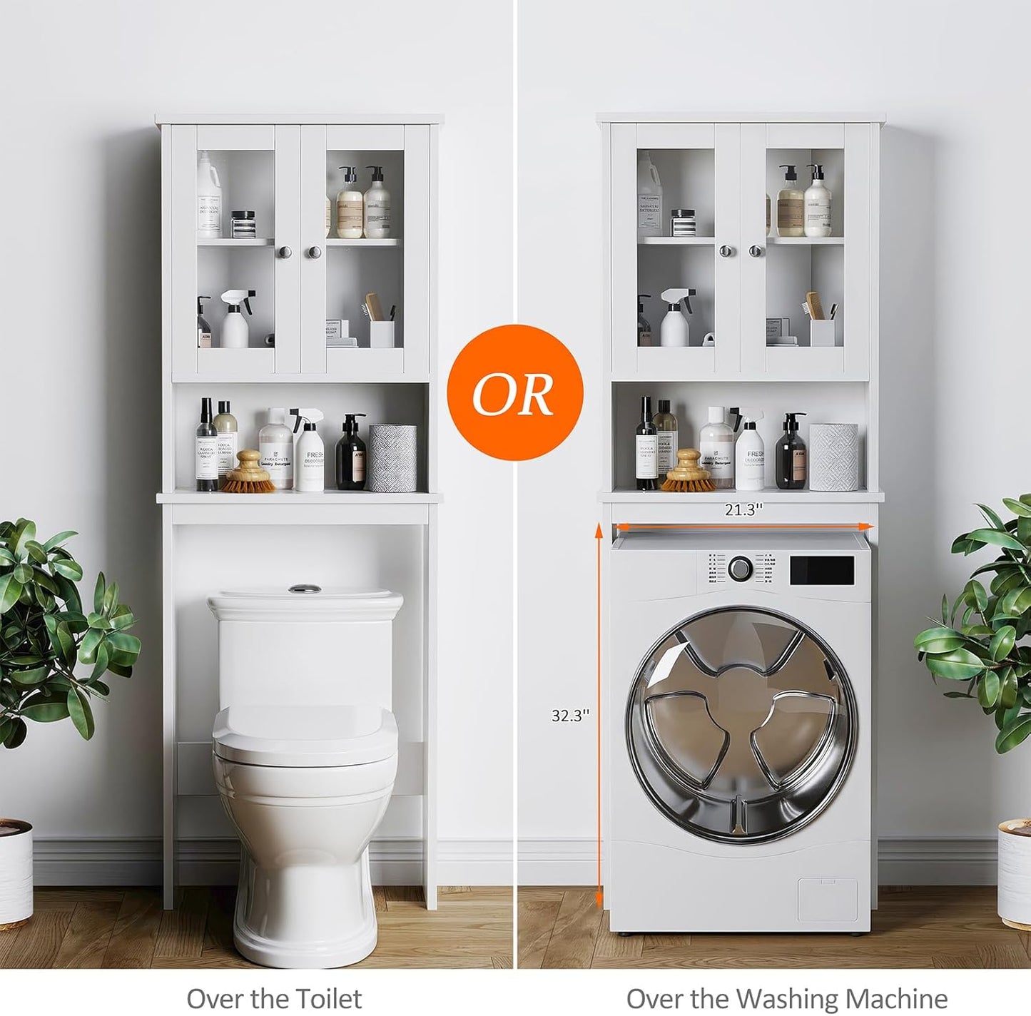 Meilocar Over The Toilet Storage Cabinet for Bathroom, Storage Organizer Over Toilet, Space Saver with Tempered Glass Doors, White
