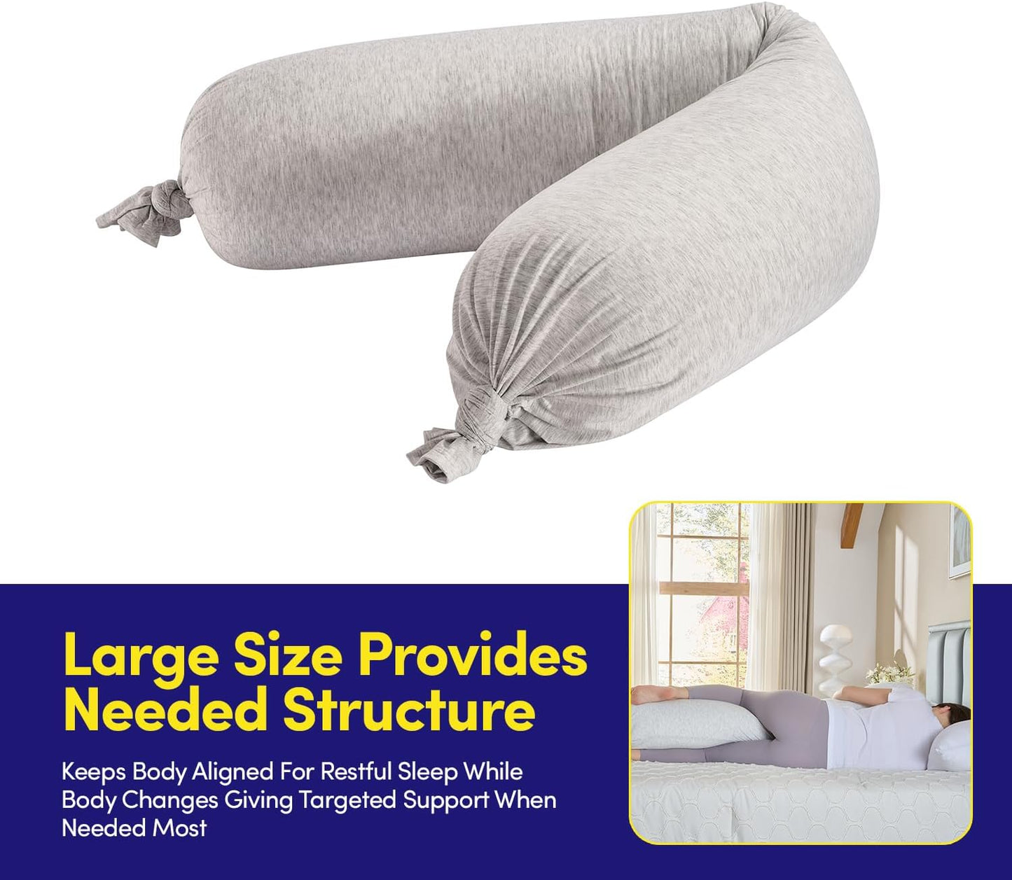 Full Body Maternity Pillow β Bean-Filled Pregnancy Support Pillow with Removable Cover β 59β³ Long Full-Length Back, Hip & Belly Support for Pregnancy & Nursing, Silver