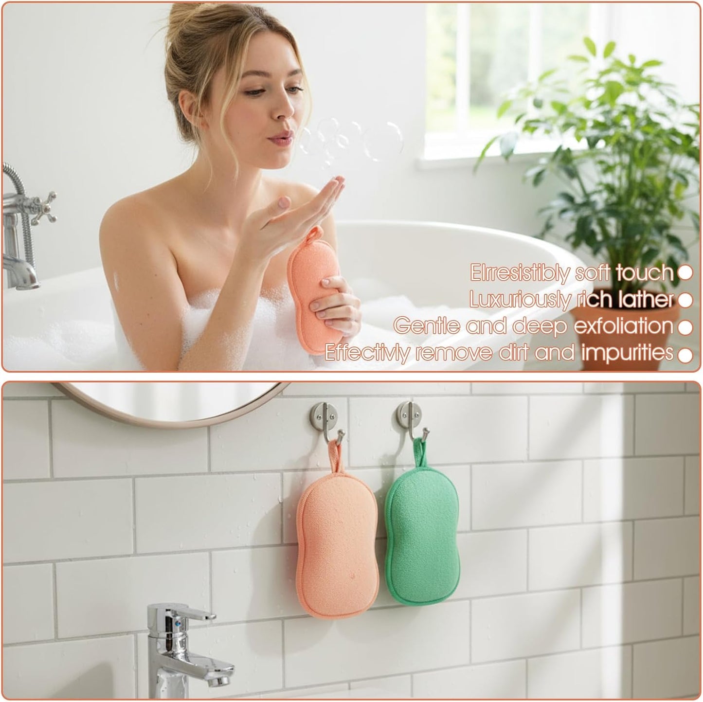 2Pcs Bath Sponge, Ultra Soft Absorbent Sponge for Bathing, Exfoliating Shower Loofah Sponges Bathing Tool for Men Women Body Skin(Green+Orange)