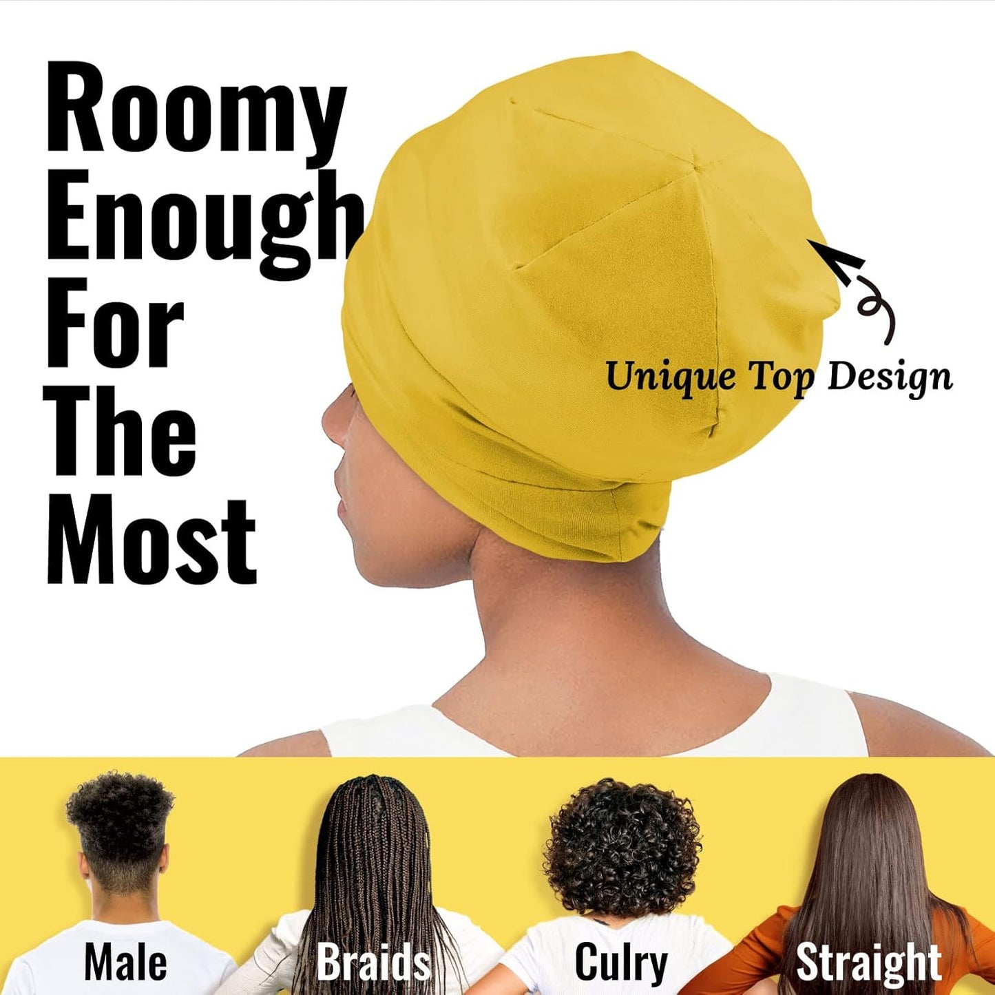 Satin Lined Sleep Cap Bonnet for Curly Hair and Braids, Stay On All Night Hair Wrap with Adjustable Strap for Women and Men, Yellow, Pack of 1