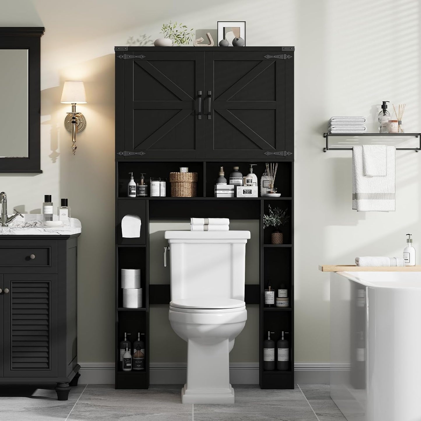 Over The Toilet Storage Cabinet, Farmhouse Storage Cabinet Over Toilet with 2 Barn Doors ,Toilet Paper Holder Stand,Home Space-Saving Toilet Rack, for Laundry, Restroom, Bathroom.Black