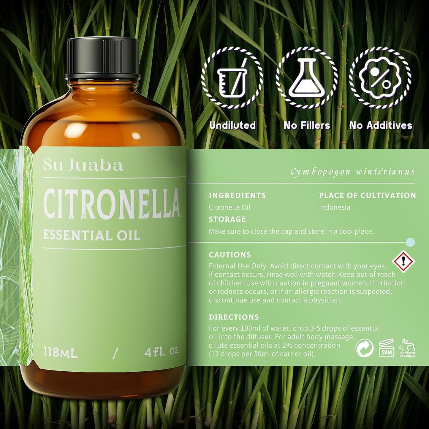 SU JUABA Citronella Oil 4 Fl Oz, 100% Pure Natural Aromatherapy Oil for Diffuser, Massage, Hair & Skin Care - 118ML