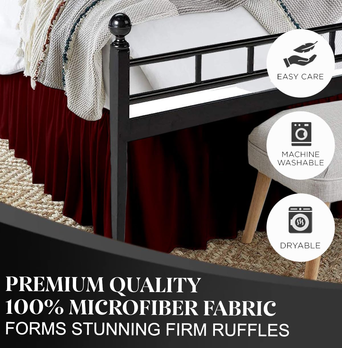 Ruffled Bed Skirt with Split Corners, Burgundy, Full 18 Inch Drop Bedskirt, Hotel Quality Brushed Microfiber Wrinkle Free Dust Ruffle Bed Skirt Full Size