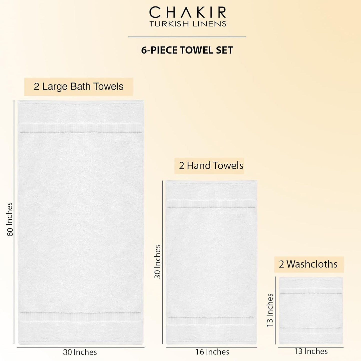 Chakir Turkish Linens 100% Cotton Premium Turkish Towels for Bathroom, 2 Large Bath Towels, 2 Hand Towels, 2 Washcloths (6-Piece Towel Set, White)