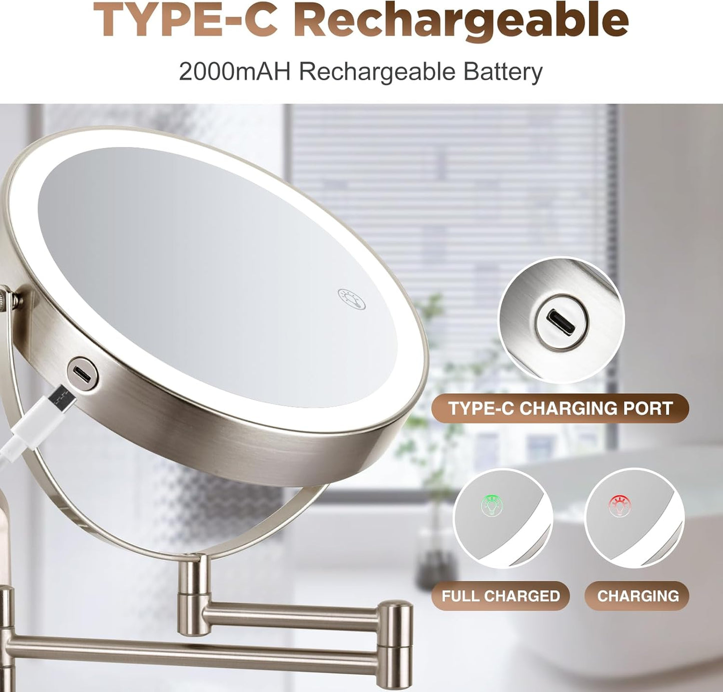 30X Wall Mounted Makeup Mirror with Lights,3 Color Modes Dimmable & Adjustable Double Side, Bathroom Vanity Makeup Mirror with 360 Rotation Extendable Swivel Arm,Magnifying Mirror - Brushed Nickel