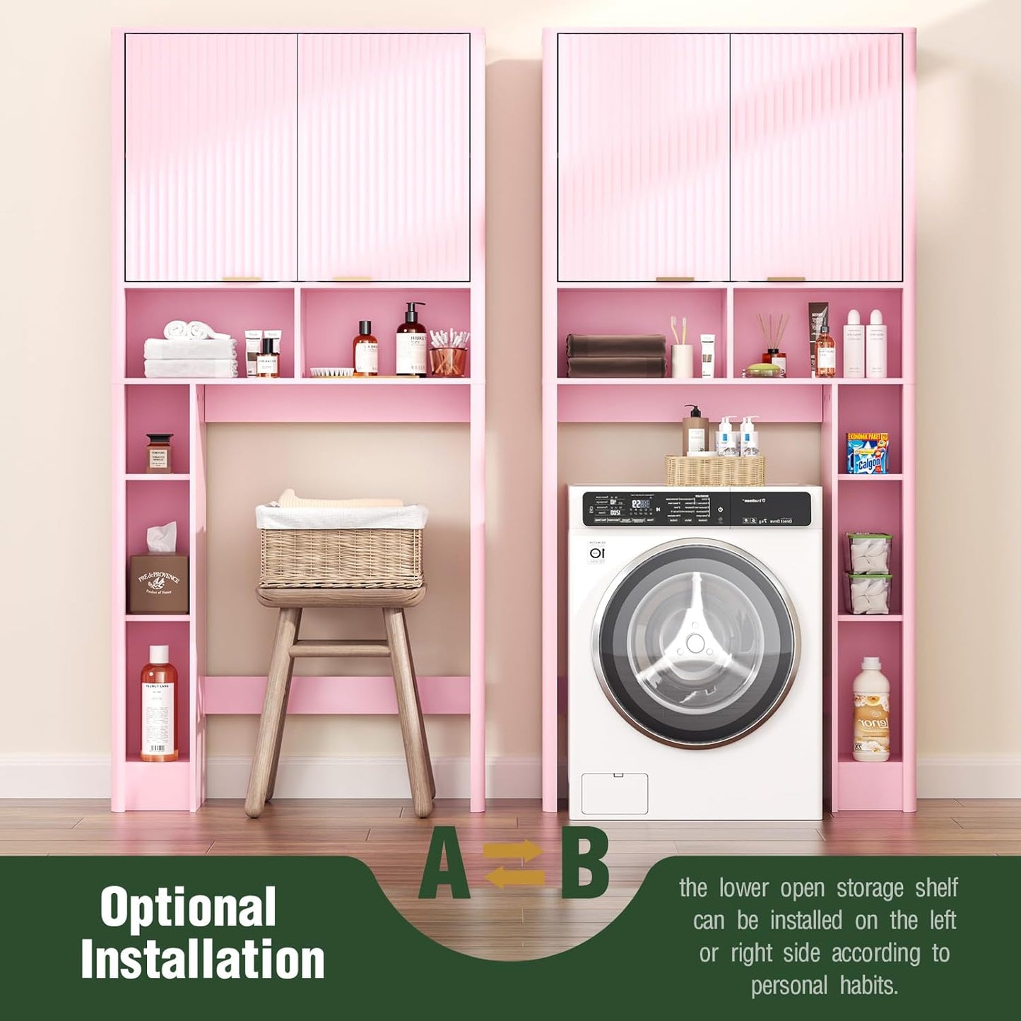 31" W Over The Toilet Storage Cabinet with Fluted Door, Pink Bathroom Organizer with Adjustable Shelf, Toilet Paper Holder Stand Wave Door for Restroom, Laundry Room