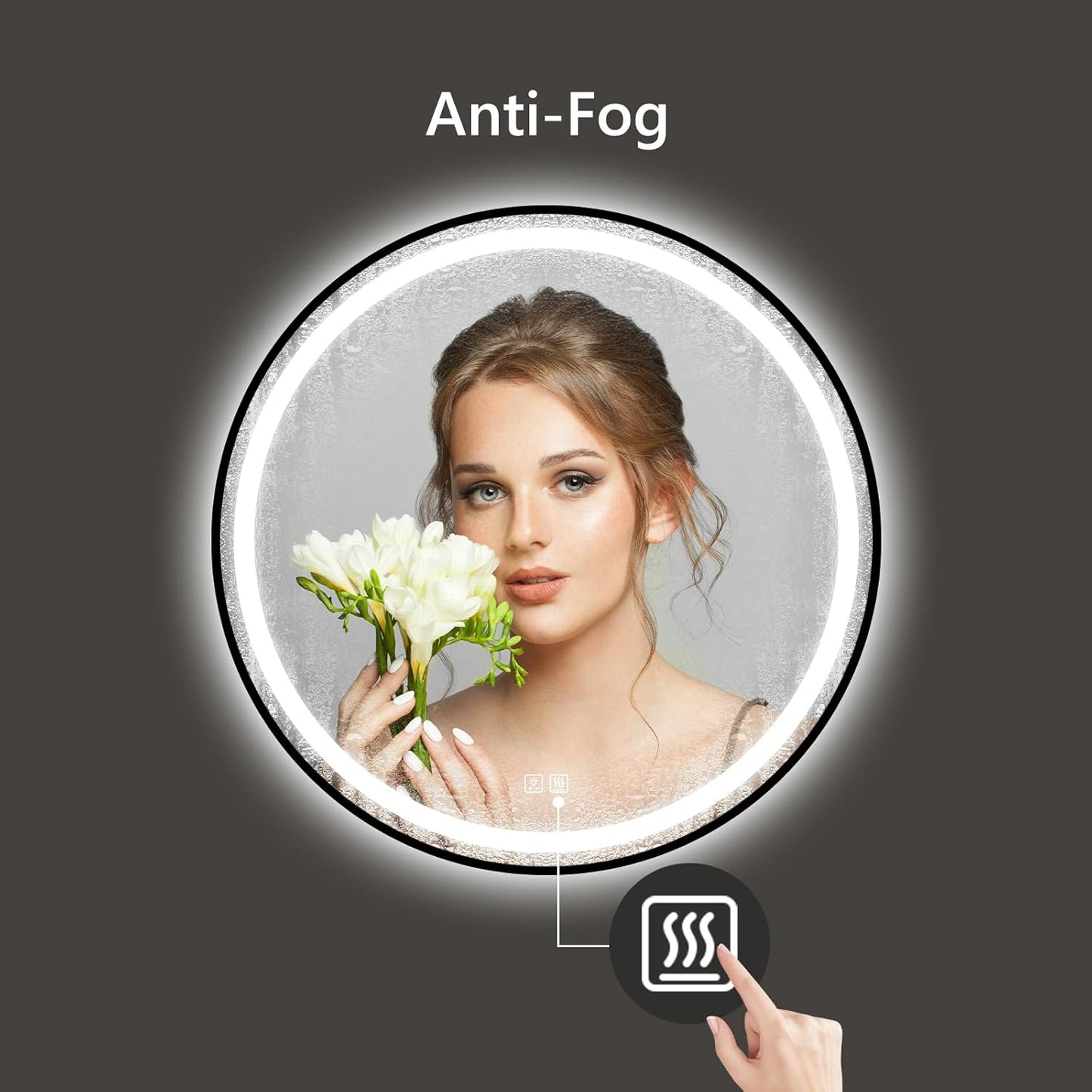 APRILSOUL 28 Inch Round Aluminum Framed LED Bathroom Mirror with Lights, Makeup Mirror with Front and Backlit, Anti-Fog, 3 Colors and Dimmable Light