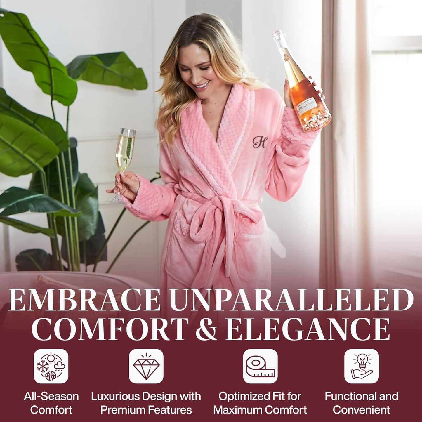 Lotus Linen Plush Robes for Women - Soft Bathrobe, Custom Monogram, Warm Fleece Robe with Pockets