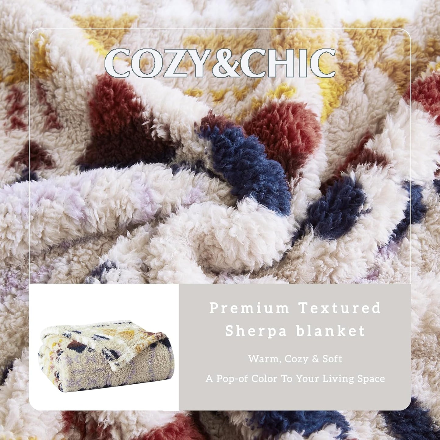 CASAAGUSTO Boho Sherpa Throw Blanket, Aztec King Size Blanket, Ultra Soft, Warm, Cozy, Plush, Thick Fleece Bohemian Throw Blanket for Couch, Bed, Sofa (Khaki 108 * 90 Inch)