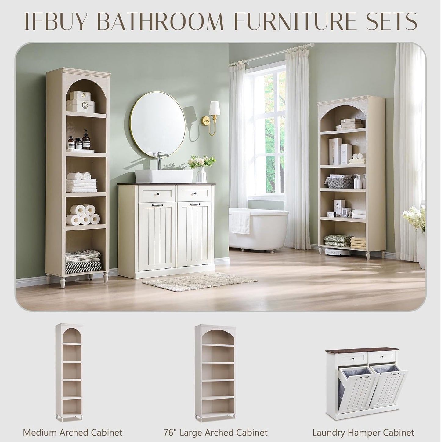 76" Tall Arched Bathroom Storage Cabinet, 5 Tiers Large Farmhouse Arched Cabinet w/Adjustable Shelves, Modern Wooden Storage Cabinet for Bathroom, Living Room, Entryway, Study Room (Cream)