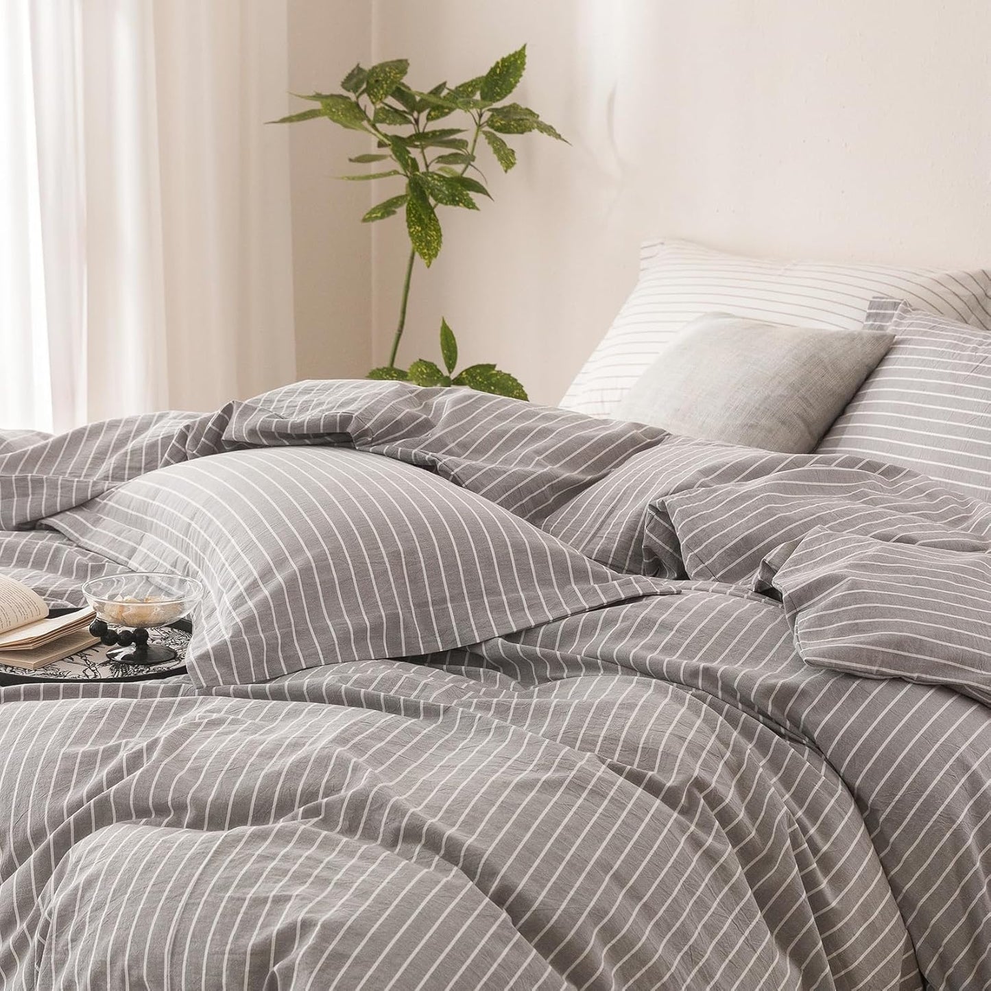 Stripe Duvet Cover Oversized King Size 120inch x 98inch, 100% Washed Cotton Linen Feel Duvet Cover with Zipper Closure and 2 Pillowcases, Color of Grey-White Stripe