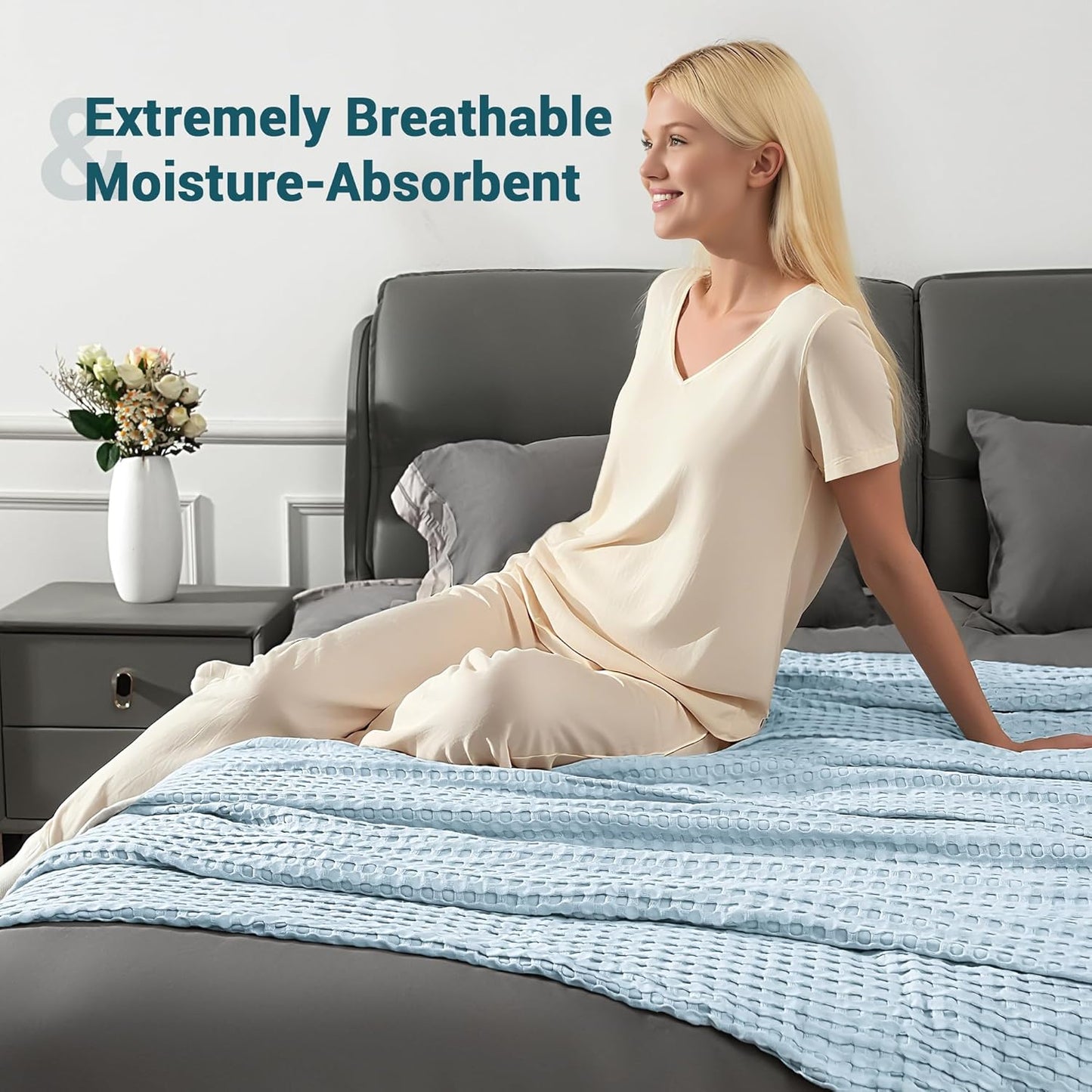 AganearWaffle Blanket - Lightweight Breathable Summer Blanket of 50% Cotton and 50% Rayon Derived from Bamboo for Hot Sleepers Luxury Throws for Bed, Couch and Sofa,Blue,90x90 Inches